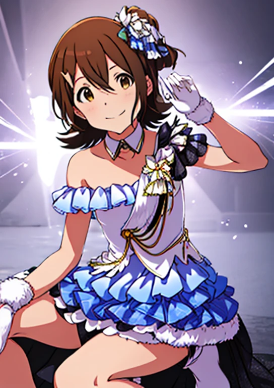 Mirai Kasuga (A million people live), (Highest quality, 8k, masterpiece, Very detailed:1.2), (Lens flare, Particles of light, Shine), Big Breasts, smile, Open your mouth, masterpiece, Highest quality, Very detailed, High resolution, Very detailedCG, Official Art, Idol Costumes, ((BTBS)), Dynamic Angle, Perfect body,sexy, Panty shot, sit,M-shaped legs, (Squat down with one knee raised、Spread your legs),Panties digging into the crotch, 