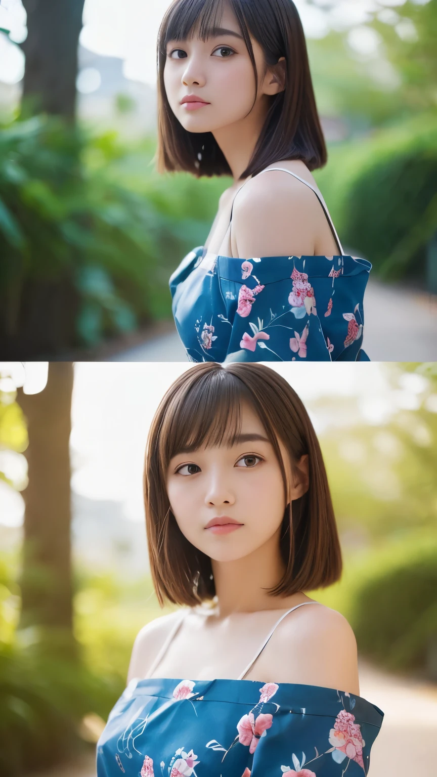 Tabletop、Highest quality、 Very detailedな、High resolution、8k wallpaper、Perfect dynamic composition,、summer、summerの空、新緑のsummerの公園、Beautiful attention to detail、Tabletop,Highest quality,Very detailed,In detail,High resolution,In 8K,((Realistic:1.4,RAW Photos,超High resolution,Best image quality:1.4))、high school student、18-year-old、thin、Small face、Cool gaze、Brown Hair、Beautiful breasts、Straight bangs、Bob Hair、Flower Hair Ornaments、Light blue yukata with floral pattern、Tree-lined avenue with fresh greenery、