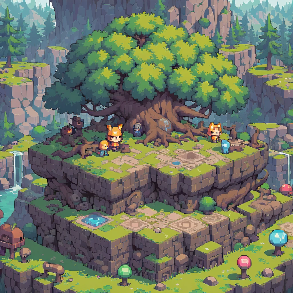 retro video game style,pixelated, vibrant pastel colors,8-bit characters,blocky shapes,sharp lines,detailed shading,classic gaming vibe,nostalgic atmosphere,classic arcade games,masterpiece:1.2,ultra-detailed,illustration style, 2d texture, stone texture, 4 k seamless mud texture, video game texture, dirt texture, tileset, game tiles, grass, 3/4th perspective trees, 3/4th perspective tileable rock texture, 3/4th perspective tileable cliff formations, tileable trees, topdown view, game texture, game art, tileable texture, very detailed cliff texture, intricate stones, top down view, 3/4th perspective