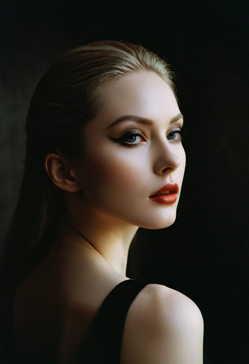 Photograph by Serge Lutens (1.8), pale skin, ((evil slavic woman)), long dark blond hair, in profile, wide angle dim atmosphere, dark atmosphere, stunning, modern, dark, clean, artsy indoor surrounding, casting a dreamlike atmosphere eyes reflect some light, Shiseido-style Vogue-Style 1990s style and setting Various gentle half body poses and angles Consistent facial and body features Photorealistic and highly detailed Artistic and evocative High-quality finish Ensuring vibrant, detailed features Technical details: wide angle lens Selective focus with Kodak film effect: 1.2 Shallow depths of field