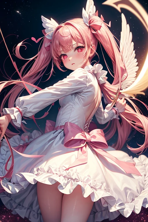 One Girl,Long sleeve,White Lolita Dress,One-piece with big ribbon,Angel,Cupid,Very Long,Pale pink twin tails,big tail,Deep pink eyes,blush,Grim expression,Small ,I have a bow and arrow,Shooting a bow and arrow,Red full moon,Dancing Girl