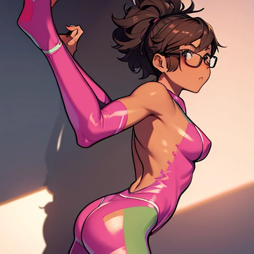 Really embarrassed tomboy Slim girl, with short gray curly hair, brown skin and glasses, In pink body paint , full body, Gymnastics poses, View from back