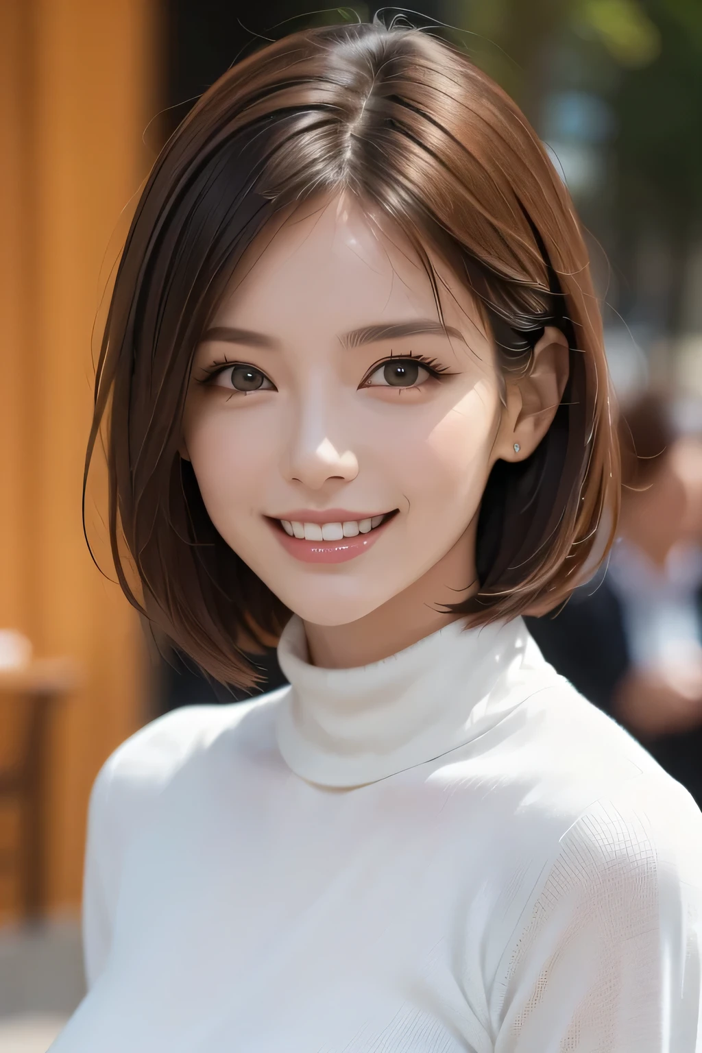 ((masterpiece)), ((Highest quality)), ((Complex)), ((Surreal)), (Realistic), (Mature Woman), ((No classes)), Very detailed, (1 female), Beautiful and exquisite, (Beautiful Teeth), Grin, Brunette bob hair, Brown eyes, ((Turtleneck sweater)), (Upper Body), (background:none), Perfect Eyes, Captivating eyes, Looking at the audience