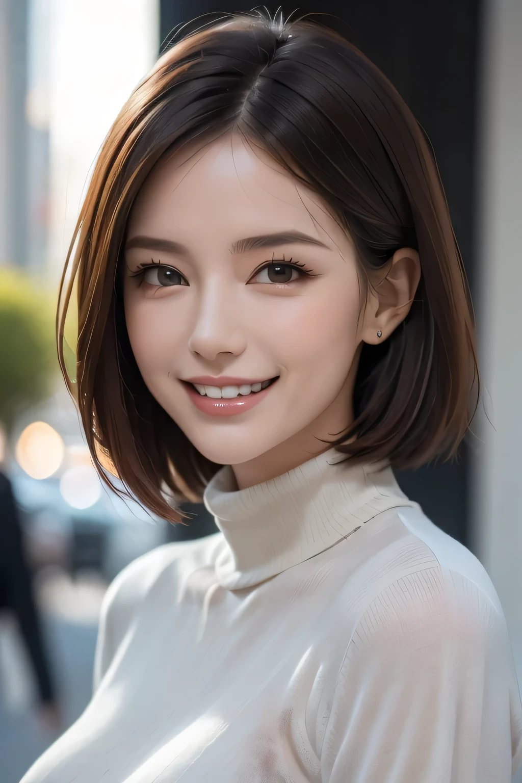 ((masterpiece)), ((Highest quality)), ((Complex)), ((Surreal)), (Realistic), (Mature Woman), ((No classes)), Very detailed, (1 female), Beautiful and exquisite, (Beautiful Teeth), Grin, Brunette bob hair, Brown eyes, ((Turtleneck sweater)), (Upper Body), (background:none), Perfect Eyes, Captivating eyes, Looking at the audience