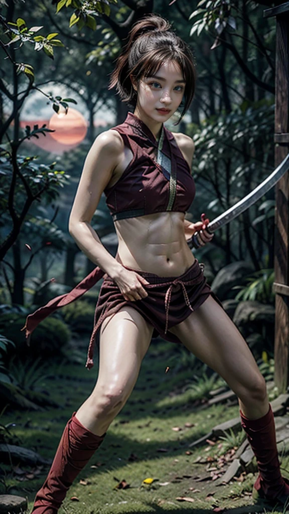 Moisturized skin, (red eyes), realistic body, (adult female body), heartless,
BREAK,
bright red lipstick, (beautiful navel),
BREAK,
(short bob: 1.2), (pink hair),
BREAK,
((masterpiece + highest quality + high resolution + highly detailed)), (full body: 1.2), symmetrical, one shot,
BREAK,
(leaves fluttering), (wind blowing), (battle stance: 1.4),
BREAK,
(large Japanese sword), ninja outfit, night, full moon, assassination, sexy, sword-wielding ninja sneaks through the trees of Zurung,