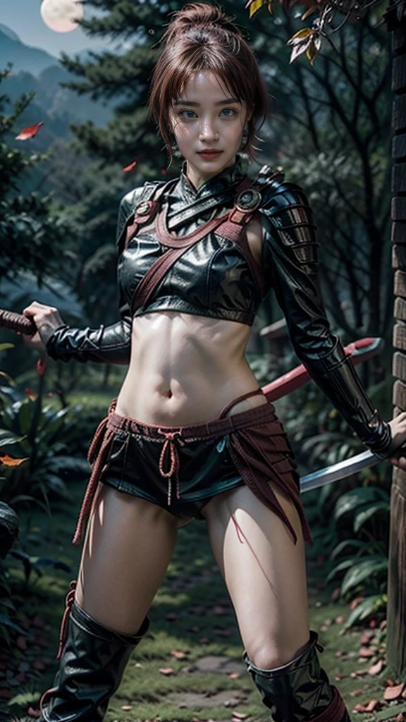 Moisturized skin, (red eyes), realistic body, (adult female body), heartless,
BREAK,
bright red lipstick, (beautiful navel),
BREAK,
(short bob: 1.2), (pink hair),
BREAK,
((masterpiece + highest quality + high resolution + highly detailed)), (full body: 1.2), symmetrical, one shot,
BREAK,
(leaves fluttering), (wind blowing), (battle stance: 1.4),
BREAK,
(large Japanese sword), ninja outfit, night, full moon, assassination, sexy, sword-wielding ninja sneaks through the trees of Zurung,