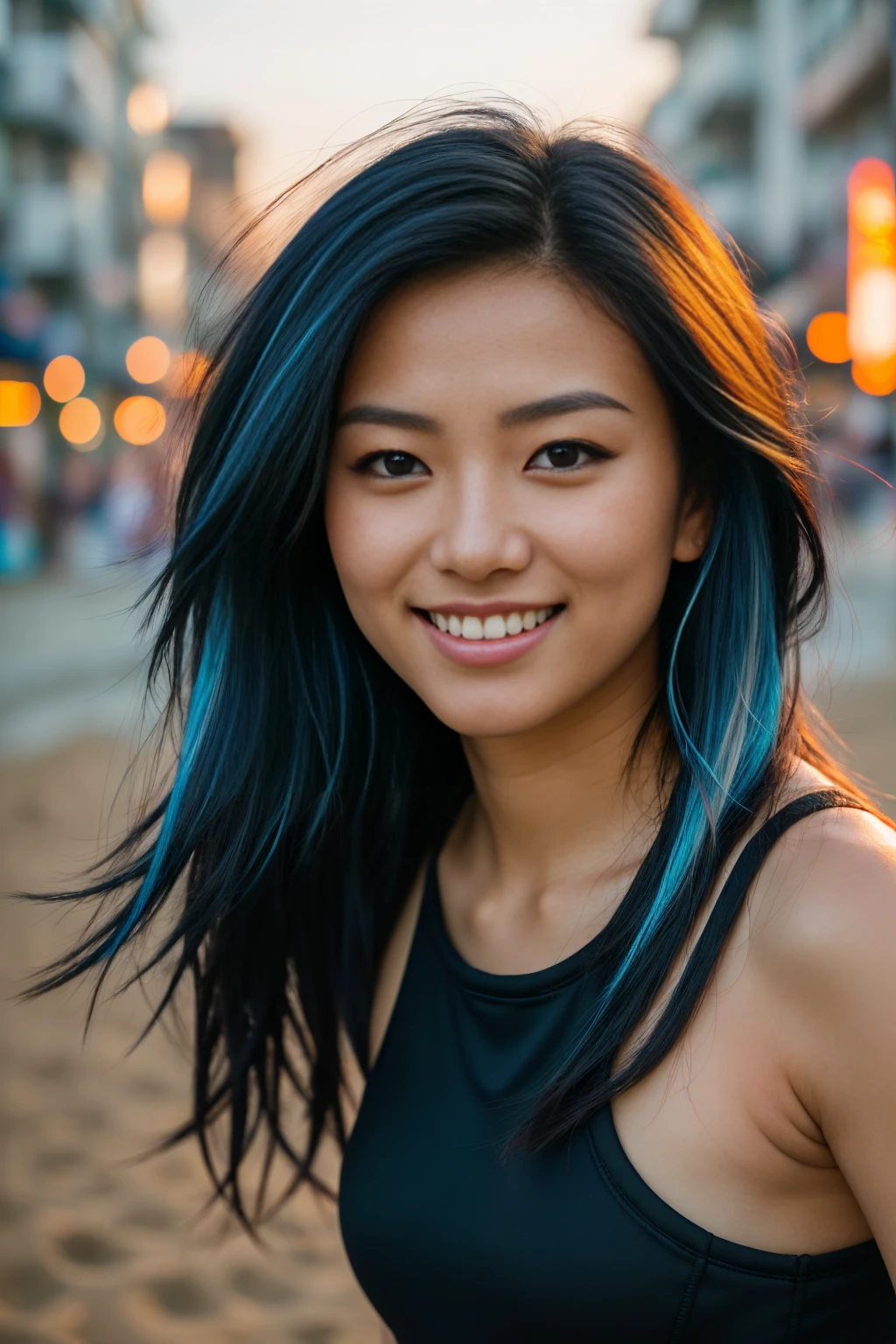 arafed woman with long black hair with blue highlights jogging on the beach, flowing  long black hair with deep blue high lights, with  black hair and blue high lights, photo of a beautiful woman, long flowing  black hair, pink golden hour, curly pink hair, beautiful young asian woman, beautiful asian woman, wild ginger hair, pink wispy hair, light pink hair, a young asian woman, an asian woman, infp young woman, full body photo of a 24-year-old french girl in RAW UHD format (Black-eyed woman) run down the beach, Details (textures! , Hair! , glistering, Color!! , imperfections: 1.1), highly detailed glossy eyes (looking at the camera), DSLR Lighting, SLR camera, Ultra-Quality, sharpness, Depth of field, Film grain (Downtown), Fujifilm XT3, Crystal clear, Frame Center, beatiful face, sharp-focus, , neon lighting, bokeh (lit), day time, (open sky), detailed skin pores, oilly skin, suntan, Complex eye details, ((smiling)), ((long distance)), ((full body)), ((jogging clothes)), (beautiful elegant hands:1.3) (realistic hands:1.3)