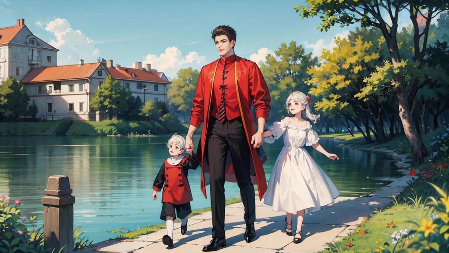 (((masterpiece))), ((Highest quality)), ((Super detailed)), (CG illustration), Happy parent-child scene。The resurrected form of Emperor Constantine and the twins Crispus and Fausta.、Father and son landscape、Under the clear blue sky、A summer evening where a stylish modern mansion shines。As the bright sunlight envelopes the sea and the mansion、A young father in his 30s hugs his twin sons tightly and warmly on his way home from work。The father&#39;s face was filled with deep love, retribution and forgiveness.、I can see the look of relief on his face, having overcome his past mistakes.。The children have innocent, naive smiles、He buried his face in his father&#39;s shoulder and looked relieved.。Light and shadow gently intersect、A scene that creates a warm and moving atmosphere overall.。」Love。Love, forgiveness, healing and purification。Detailed and delicate。lyrical。Heartful Modern。Gorgeous。elegant。masterpiece。super high quality。, beauty, brilliance, ultra-high quality, ultra-high resolution, Ultra-fine, ultra-beautiful, a masterpiece.​masterpiece。I'm in love with you、