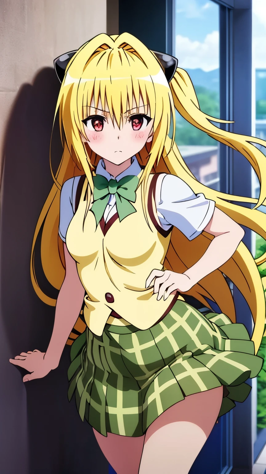 (anime),(1girl),(alone), konjiki no yami, (alone), long hair, blonde hair, hairpins, red eyes, very long hair, hair shots, looking at viewer, , (green bow tie:1.1) , (white shirt:1.2), vest, (yellow vest:1.4), (short sleeves:1.2), (plaid skirt:1.3), (green skirt:1.3), (medium breasts:1.2), narrow waist, wide hips, wide thighs ,round butt, hair between eyes, blush, hair ornament, two sides up, bangs, cowboy shot, dynamic stance, ultra detailed, detailed eyes, sharp focus, masterpiece, stoic expression, blushing , standing,day, clouds, Japanese school, (leaning on the wall:1.2), (window:1.2), (hallway:1.2), perfect hands, perfect anatomy, floating hair, to love- ru, looking forward,((focus on breasts)) ,perfect anatomy,perfect hands, (looking at viewer:1.2),