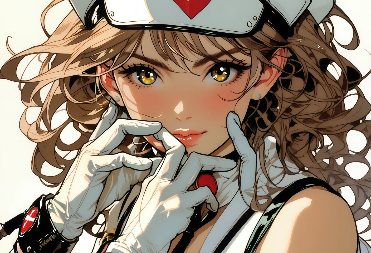 26 y.o sexy nurse, putting on rubber gloves, detailed eyes, natural skin, hard shadow. Style by J.C. Leyendecker. Style by Masamune Shirow