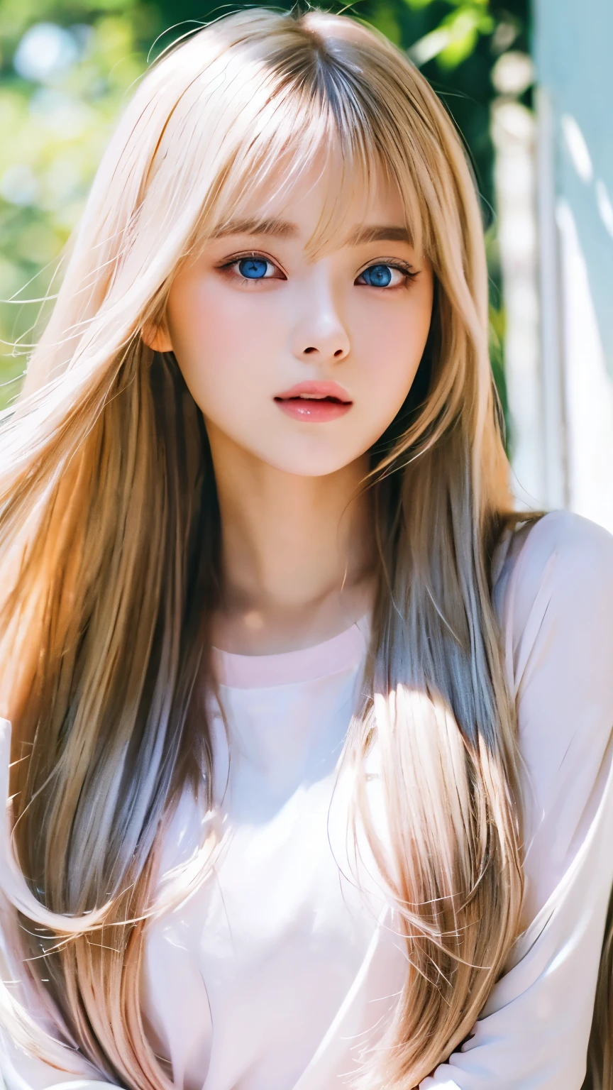 The most beautiful face in the world、so beautiful、Very long, silky, golden, shiny pink-blonde hair、Shiny, silky straight hair、Super long bangs swaying in front of your eyes、Sexy 17 year old cute girl、Bright blue eyes that shine so brightly、pure White beautiful skin、Glowing Skin、ponytail、Beautiful girl with a small face、Please comb your hair、Bright expression、Cheek gloss highlight、 Her bright pink blonde hair is dazzlingly sexy、 17 years old cute sexy little beautiful face 、Shiny hair dancing in front of a pretty face、Long, silky bangs that cover the eyes、The large, bright, light blue eyes shine beautifully.、Very big eyes、Hair that hides the face、Hair too long over the eyes、Sexy and cute young woman、Super long pink blonde shiny light hair,,,、Clothes、T-Shirts、Big Breasts、Bright expression、White beautiful skin、Cheek gloss、Small Face Beauty、