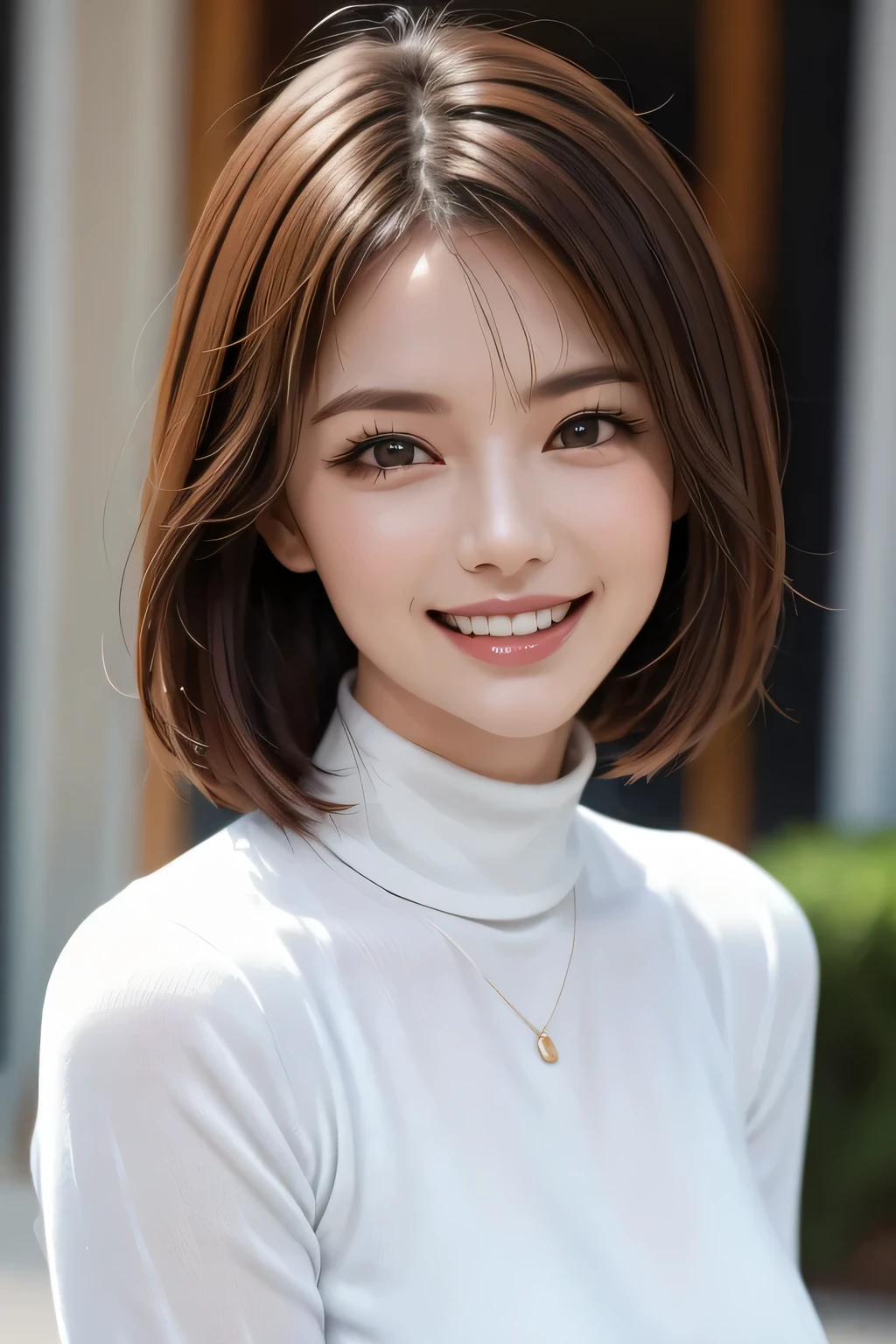 ((masterpiece)), ((Highest quality)), ((Complex)), ((Surreal)), (Realistic), (Mature Woman), ((No classes)), Very detailed, (1 female), Beautiful and exquisite, (Beautiful Teeth), Grin, Brunette bob hair, Brown eyes, ((Turtleneck sweater)), (Upper Body), (background:none), Perfect Eyes, Captivating eyes, Looking at the audience