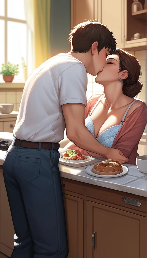 score_9, score_8_up, score_7_up, source_anime, 1boy, 1girl, mature female, mother and son, , hug, kiss, on a kitchen table, (flashing her bra)