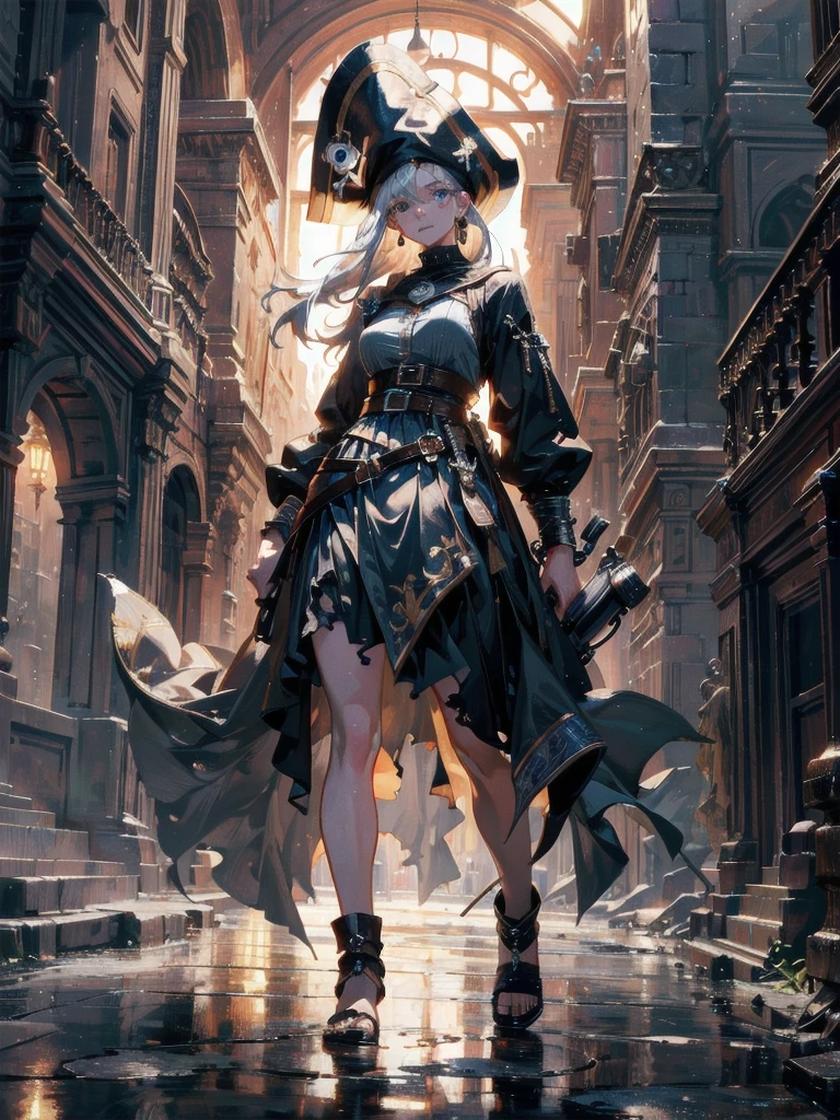 absurdres, RAW photo, extremely delicate and beautiful, masterpiece, Best Quality, ultra high resolution, 32k, hyperrealistic, ultra-detailed, Very detailed CG 8k wallpaper, detailed background, landscape, Beautiful Lighting, Perfect Lightning, Realistic Shadows, perfect anatomy, anatomically correct, perfect figure, Perfect Style, Perfect balance, super Detailed skin, in her 30s, very Slim body, narrow waist, very small head, very small face, delicate facial features, handsome detailed woman, very detailed eyes and face, realistic face proportions, Realistic beautiful face, Realistic beautiful eyes, tearful mole, earring, whole body shot, very huge round tits, medium hair, asymmetrical hair, outdoor, Practical pirate clothing, Long-sleeved pirate top, Skirt, torn pirate hat, Desert Village,