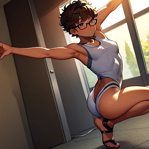 Really embarrassed tomboy Slim girl, with short gray curly  hair, brown skin and  glasses, In brown body paint  , full body, Gymnastics poses, View from back 