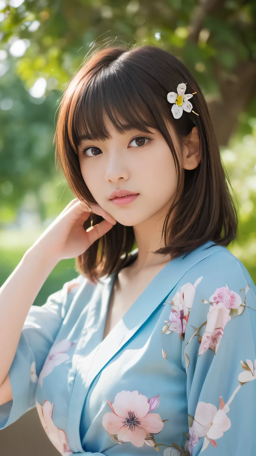 Tabletop、Highest quality、 Very detailedな、High resolution、8k wallpaper、Perfect dynamic composition,、summer、summerの空、新緑のsummerの公園、Beautiful attention to detail、Tabletop,Highest quality,Very detailed,In detail,High resolution,In 8K,((Realistic:1.4,RAW Photos,超High resolution,Best image quality:1.4))、high school student、18-year-old、thin、Small face、Cool gaze、Brown Hair、Beautiful breasts、Straight bangs、Bob Hair、Flower Hair Ornaments、Light blue yukata with floral pattern、Tree-lined avenue with fresh greenery、