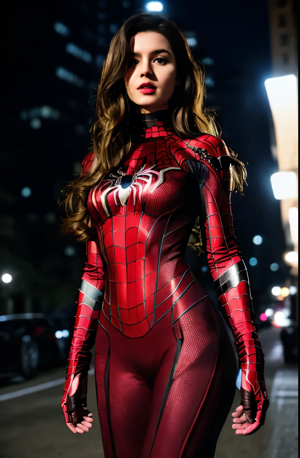 (wearing spiderwoman_cosplay_outfit:1.1), Brown Long Hair, Red lips, in front of a sky, good hand,4k, high-res, masterpiece, best quality, head:1.3,((Hasselblad photography)), finely detailed skin, sharp focus, (cinematic lighting), night, soft lighting, street city building, dynamic angle, [:(detailed face:1.2):0.2], medium breasts, outside,