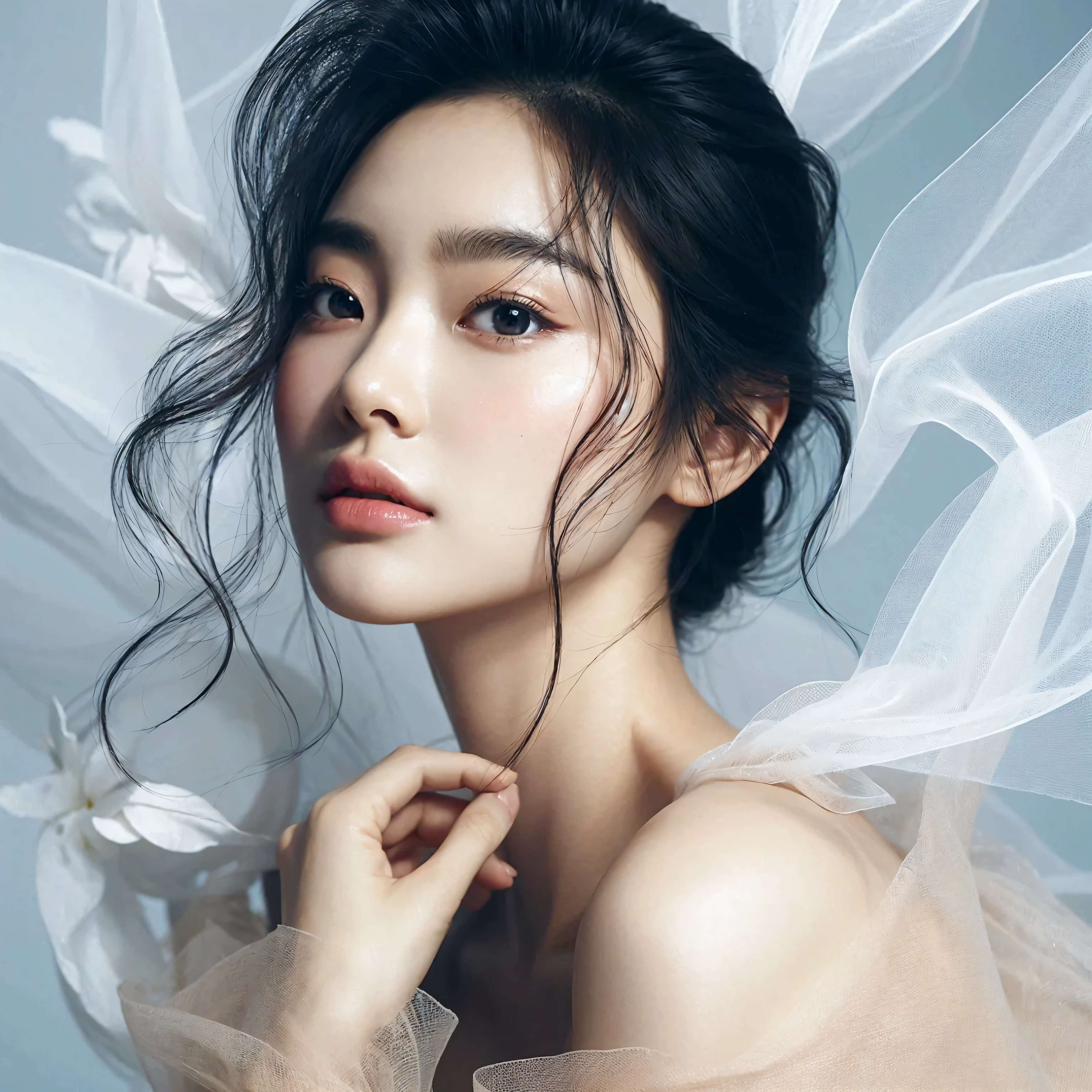 Portrait, Beautiful Korea woman, natural beauty face of Korea girl, elegant, dazzling, romantic. floating organza, steaming chiffon, studio lighting, space, Complicated, Sharp Focus, Concept Art, Artstation, Digital painting, Highly detailed, Concept art, Pastel coral white, Pastel white, Pastel blue, Pastel white, Scifi, Futuristic, white Hyperrealism, high quality, high detail, ultra detail.high isolation.ultraHD
