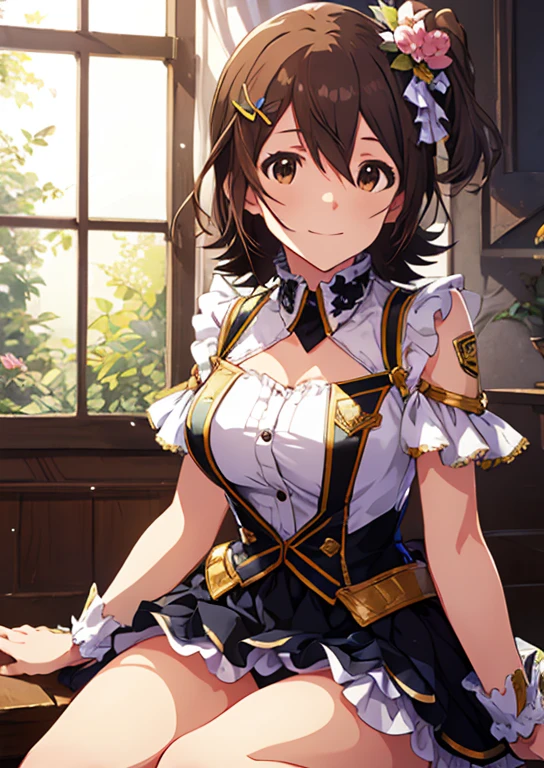 Mirai Kasuga (A million people live), (Highest quality, 8k, masterpiece, Very detailed:1.2), (Lens flare, Particles of light, Shine), Big Breasts, smile, Open your mouth, masterpiece, Highest quality, Very detailed, High resolution, Very detailedCG, Official Art, Idol Costumes, ((BTBS)), Dynamic Angle, Perfect body,sexy, Panty shot, sit,M-shaped legs, (Squat down with one knee raised、Spread your legs),Panties digging into the crotch, 