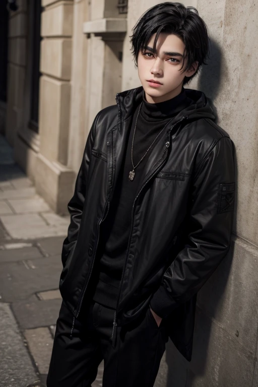 Make a male teenager with black hair,eyes browns, with dark raven black clothes
