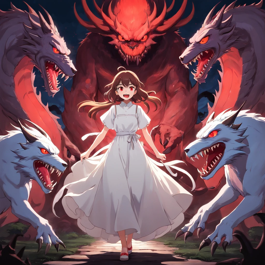 Anime girl in white dress surrounded by three demonic creatures with red eyes and sharp teeth in a dark place