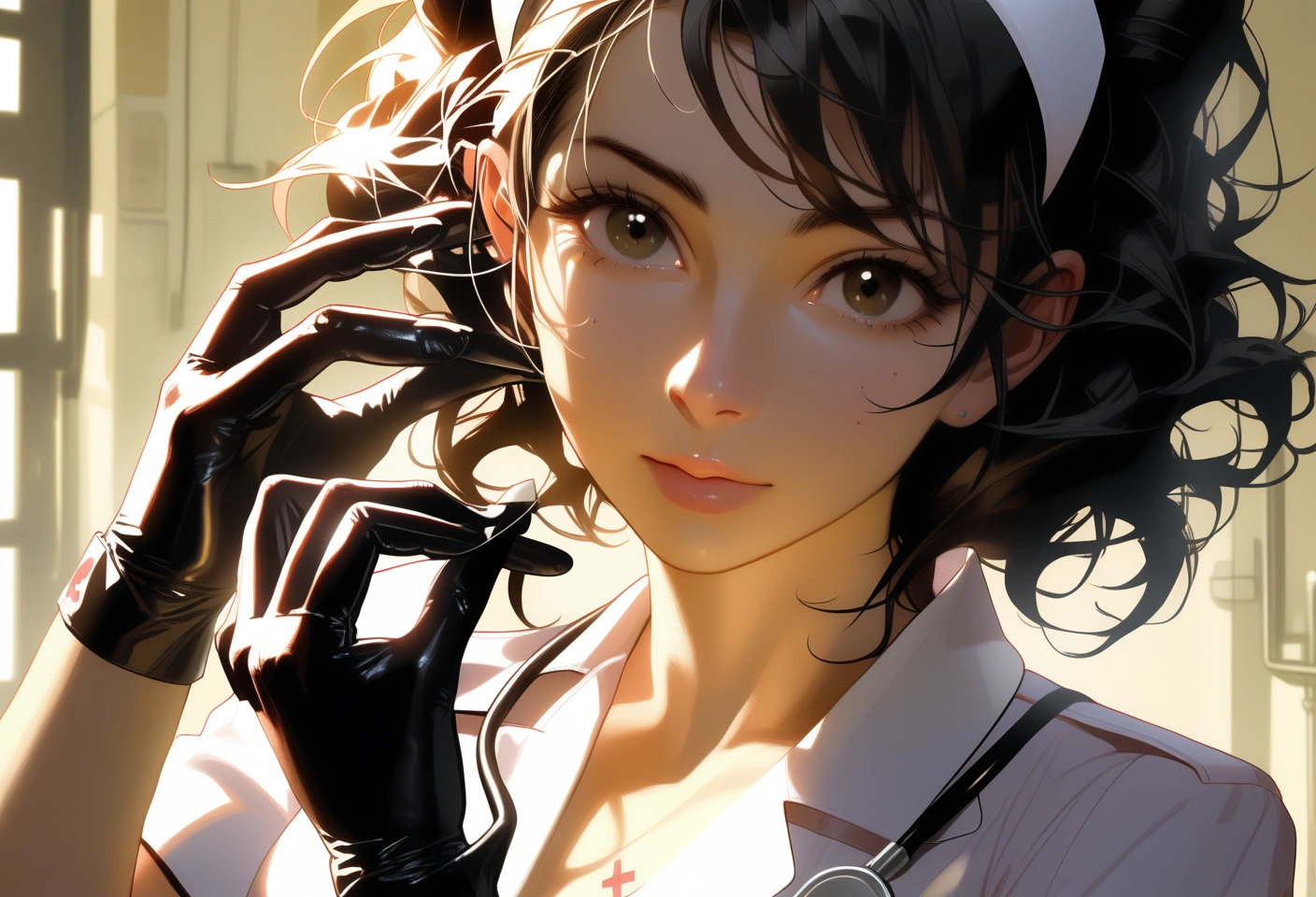 Digital artwork. 26 y.o sexy nurse, putting on rubber gloves, detailed eyes, natural skin, hard shadow.