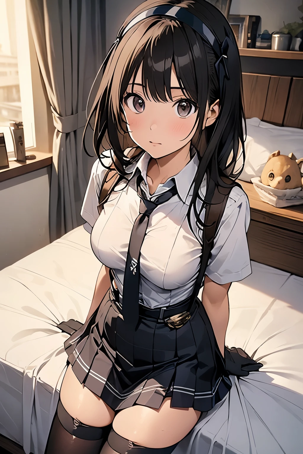 1 female, , high quality, masterpiece, Ultra-high resolution, , Cinema Lighting, , , And the suspenders with the cranes flying Moderate breasts Large Breasts Small face holster Lying in bed Looking up Sweat belt summer 脇Sweat Black Hole Gloves suit garterbelt Leg Links ズボンにbelt holster Hands behind your back Anxious expression Looking up Anxious face Knee-high Knee socks Knee-highソックス garterbelt garter ふとももにgarterbelt Checkered mini skirt Necktie Headband ribbon