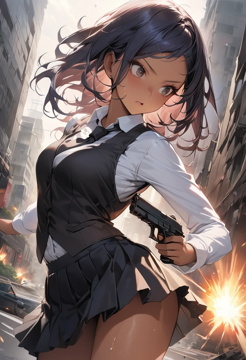 Action Scenes、(Woman fighting the devil),((masterpiece,Highest quality:1.3,best quality illustration)),realistic,cowboy shot,1woman,(22 year old beauty),((very small head:1.4)),ideal ratio body proportions,dark blue hair,straight long hair,bangs,black eyes,gorgeous big eyes,((tan skin,skinny)),(Black vest、Black tie、White collared shirt、Long sleeve、Black pleated mini skirt)),medium breasts,gleaming skin,slender body,sweat,(Detailed handgun,Firing stance),on street,multiple demon、Collapsed Buildings、Tokyo、