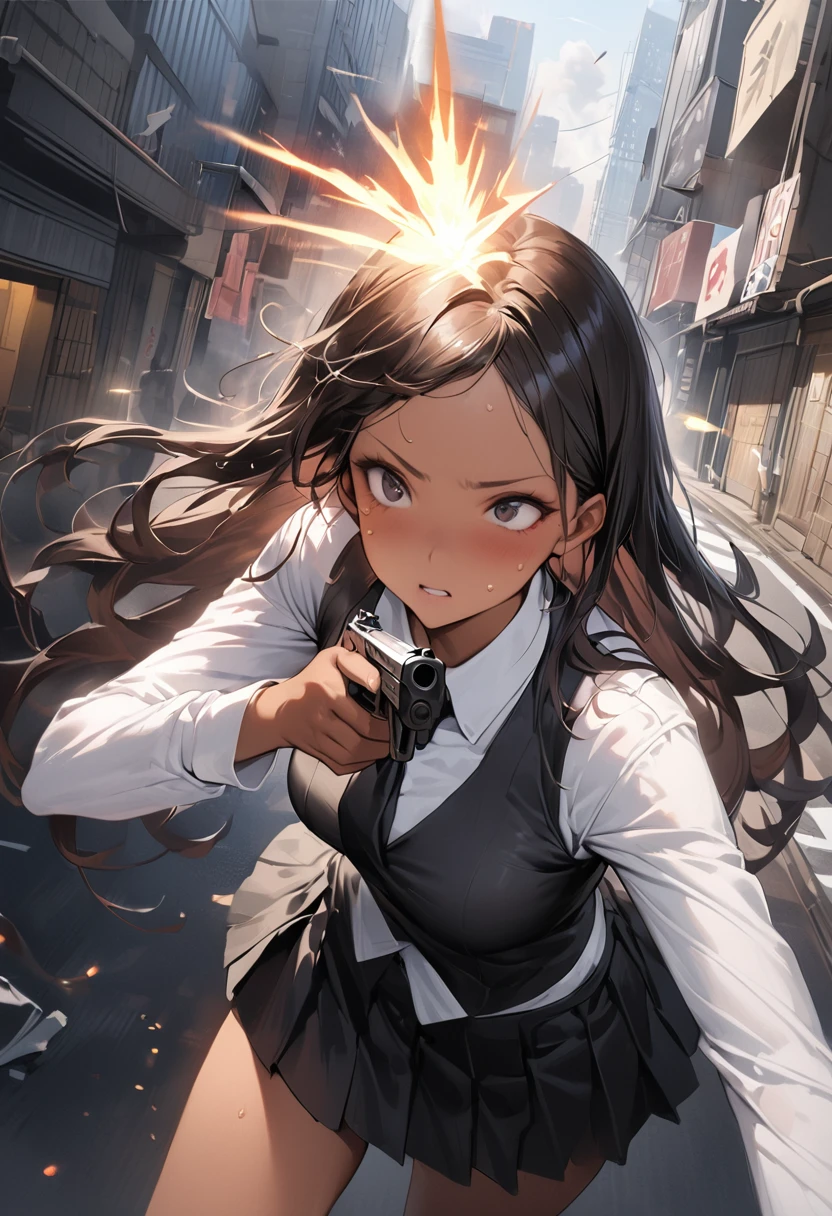 Action Scenes、(Woman fighting the devil),((masterpiece,Highest quality:1.3,best quality illustration)),realistic,cowboy shot,1woman,(22 year old beauty),((very small head:1.4)),ideal ratio body proportions,dark blue hair,straight long hair,bangs,black eyes,gorgeous big eyes,((tan skin,skinny)),(Black vest、Black tie、White collared shirt、Long sleeve、Black pleated mini skirt)),medium breasts,gleaming skin,slender body,sweat,(Detailed handgun,Firing stance),on street,multiple demon、Collapsed Buildings、Tokyo、