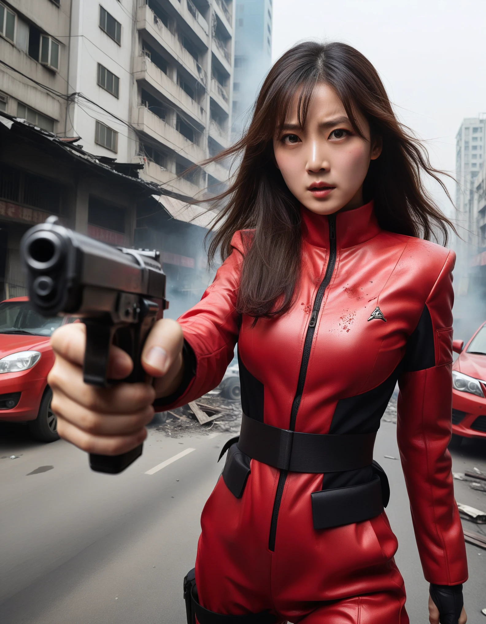 One Woman、Wearing a red combat suit、Dilapidated cityscape、Broken Vehicles、Holding a pistol with both hands and pointing it at the viewer、Being pursued by the enemy、Precise facial structure、Long Hair、Sweat is running down my forehead、fear、Heavy breathing、The moment of the shooting、high resolution、high quality、Elaborate human body structure、Five fingers on a hand、Smoke is rising、Dust is flying、