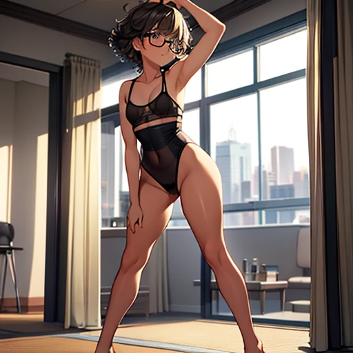 Really embarrassed tomboy Slim girl, with short gray curly  hair, brown skin and  glasses, In transparent Lingerie   , full body, Gymnastics poses, View from back 