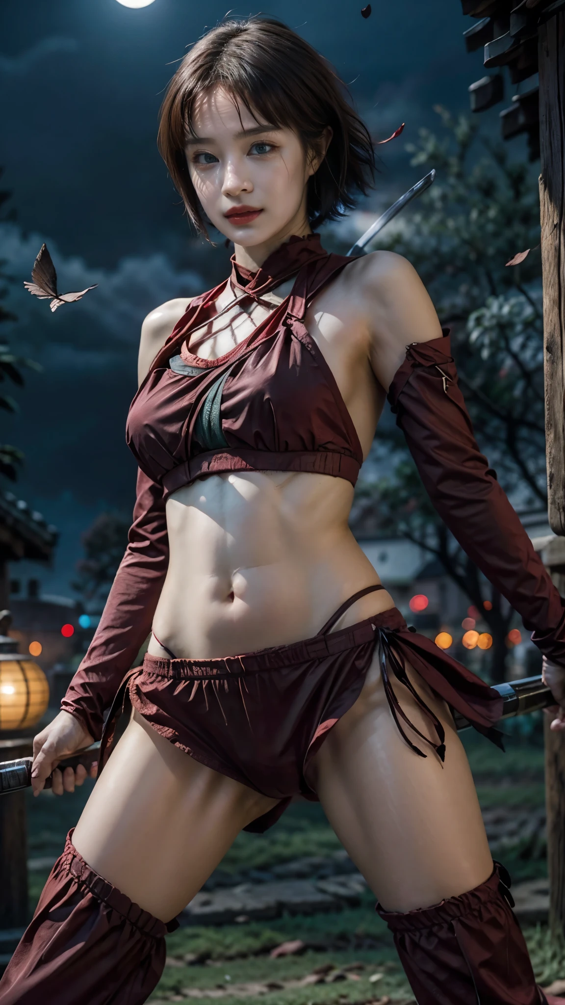 Moisturized skin, (red eyes), realistic body, (adult female body), heartless,
BREAK,
bright red lipstick, (beautiful navel),
BREAK,
(short bob: 1.2), (pink hair),
BREAK,
((masterpiece + highest quality + high resolution + highly detailed)), (full body: 1.2), symmetrical, one shot,
BREAK,
(leaves fluttering), (wind blowing), (battle stance: 1.4),
BREAK,
(large Japanese sword), ninja outfit, night, full moon, assassination, sexy,