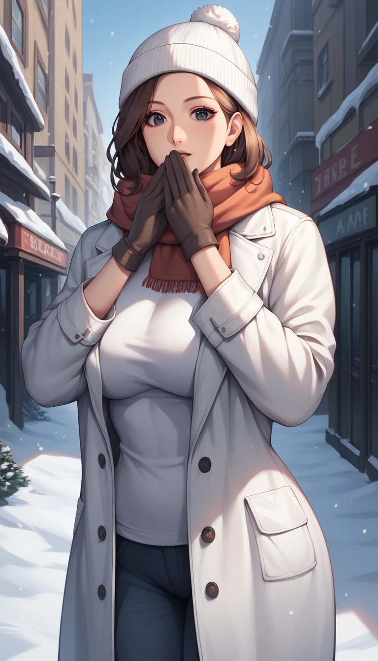Expressiveh, masterpiece, best quality, ultra-detailed, higres, 1milf, mature female, motherly, solo, beautiful and perfect face, light brown hair, medium hair, smile, open mouth, blush, beanie, gloves, black turtleneck sweater, black trousers, long fur coat, large breasts, wide hips, curvy, standing, from front, close shot, outdoors, on the street in the middle of the city, snowy night scene in winter, lights