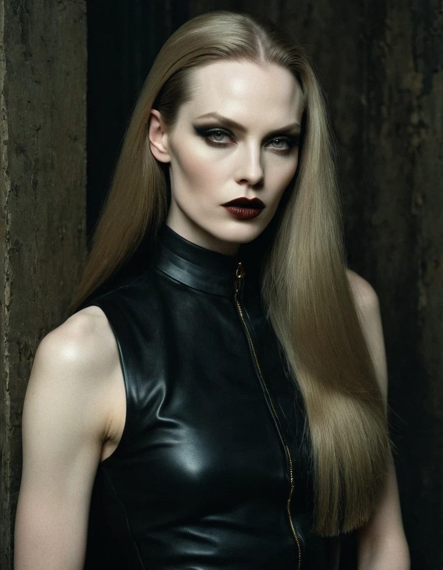 female vogue model 35yo with pale skin, beautiful evil slavic muscular woman, pale skin, long dark golden hair, sleek hair, strong make-up, pat mcgrath-style, wearing boris bidjan saberi, 1990s vogue-style, setting is an artsy, ad-magazine-style, style indoor environment dark and stunning, atmosphere is dim, dreamlike, dark ambiance.