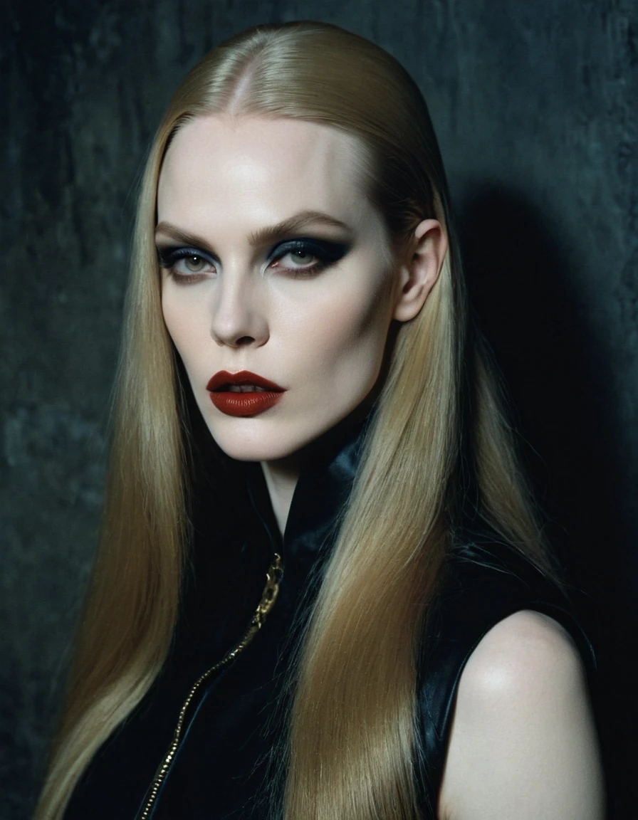 female vogue model 35yo with pale skin, beautiful evil slavic muscular woman, pale skin, long dark golden hair, sleek hair, strong make-up, pat mcgrath-style, wearing boris bidjan saberi, 1990s vogue-style, setting is an artsy, ad-magazine-style, style indoor environment dark and stunning, atmosphere is dim, dreamlike, dark ambiance.