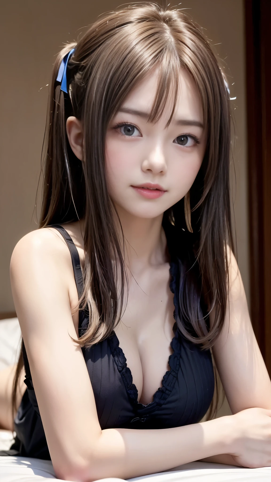 (((A beautiful 、A single photo、from the front、Lying in bed and staring at the opposite sex to seduce:1.2、Lying face down with arms folded:1.3)))、blush、((Cute appearance々I see colorful clothes:1.4))、((Detailed eyes and face:1.2、Professional photography techniques))、(Correct hands and arms:1.2)、((Face and bust portrait:1.2))、(Detailed arms:1.4)、(Proper prone position:1.2)、Twin tails、ribbon、Medium breast、Cleavage