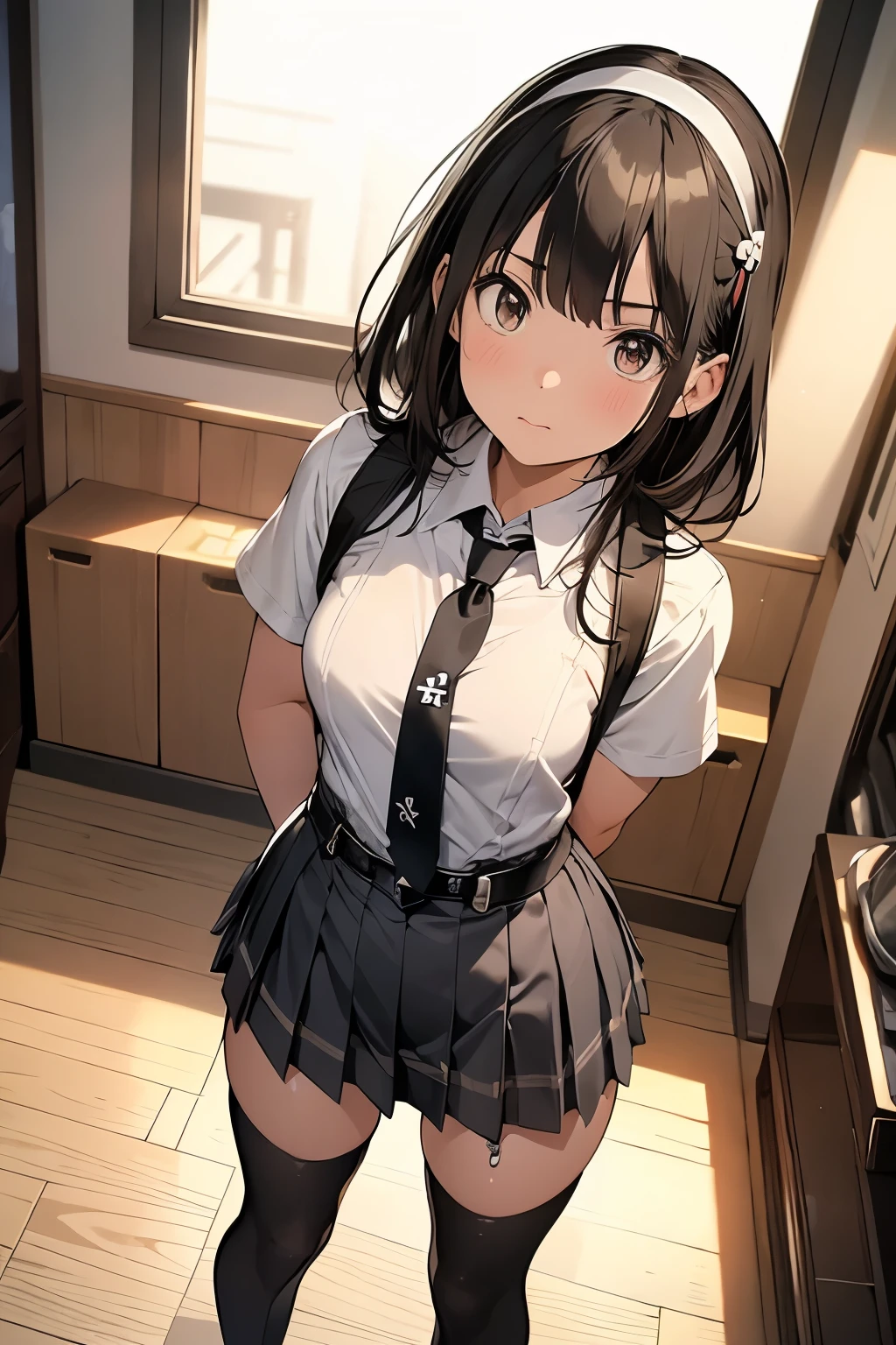 1 female, , high quality, masterpiece, Ultra-high resolution, , Cinema Lighting, , , And the suspenders with the cranes flying Moderate Large Breasts Small face holster Lying in bed Looking up Sweat belt summer 脇Sweat Black Hole Gloves suit garterbelt Leg Links ズボンにbelt holster Hands behind your back Anxious expression Looking up Anxious face Knee-high Knee socks Knee-highソックス garterbelt garter ふとももにgarterbelt Checkered mini skirt Necktie Headband ribbon Panty shot Skips