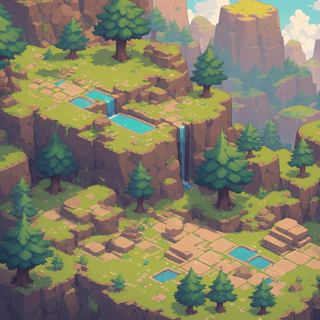 retro video game style,pixelated, vibrant pastel colors,8-bit characters,blocky shapes,sharp lines,detailed shading,classic gaming vibe,nostalgic atmosphere,classic arcade games,masterpiece:1.2,ultra-detailed,illustration style, 2d texture, stone texture, 4 k seamless mud texture, video game texture, dirt texture, tileset, game tiles, grass, 3/4th perspective trees, 3/4th perspective tileable rock texture, 3/4th perspective tileable cliff formations, tileable trees, topdown view, game texture, game art, tileable texture, very detailed cliff texture, intricate stones, top down view, 3/4th perspective