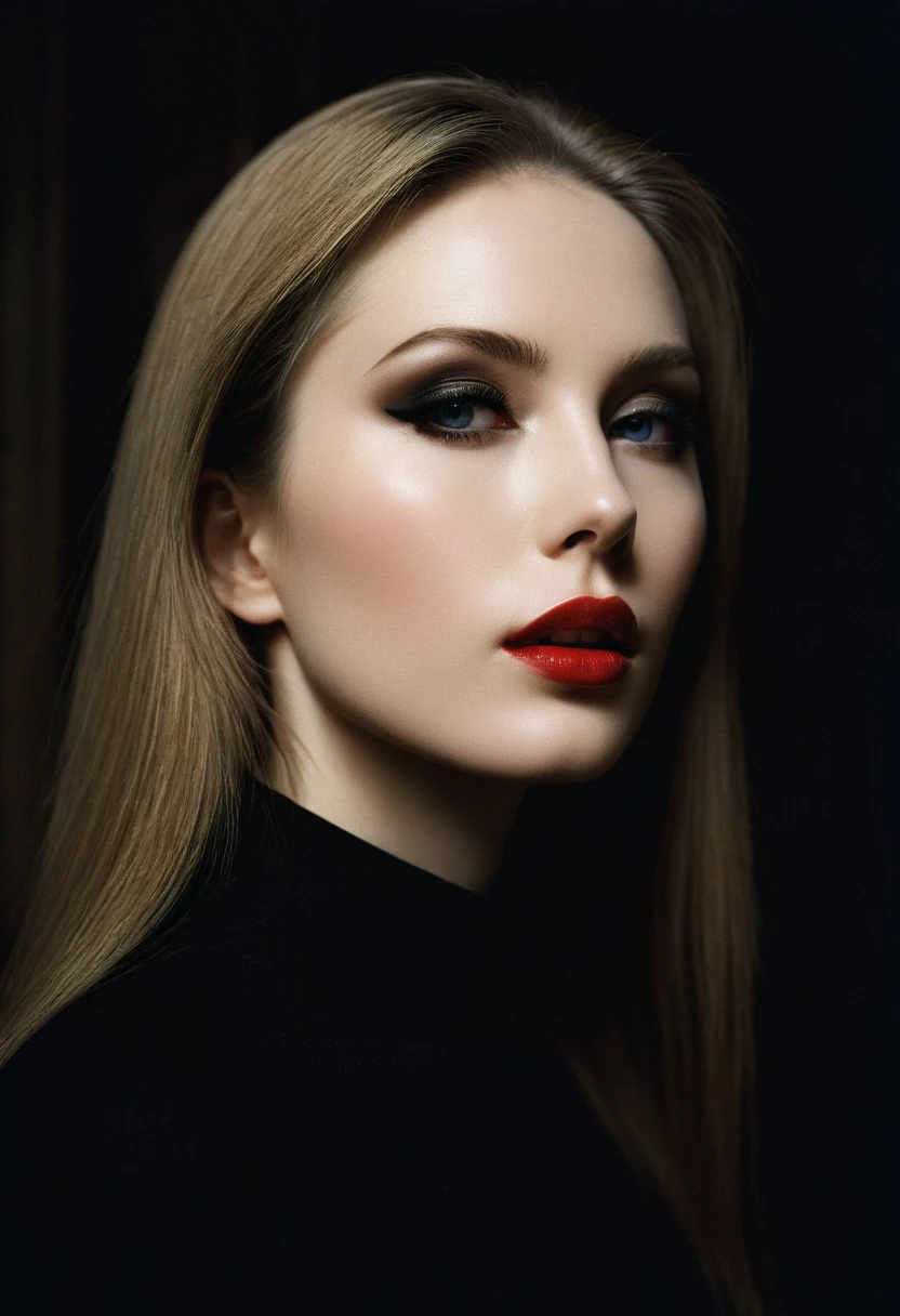 Photograph by Serge Lutens (1.8), pale skin, ((evil slavic woman)), long dark blond hair, in profile, wide angle dim atmosphere, dark atmosphere, stunning, modern, dark, clean, artsy indoor surrounding, casting a dreamlike atmosphere eyes reflect some light, Shiseido-style Vogue-Style 1990s style and setting Various gentle half body poses and angles Consistent facial and body features Photorealistic and highly detailed Artistic and evocative High-quality finish Ensuring vibrant, detailed features Technical details: wide angle lens Selective focus with Kodak film effect: 1.2 Shallow depths of field