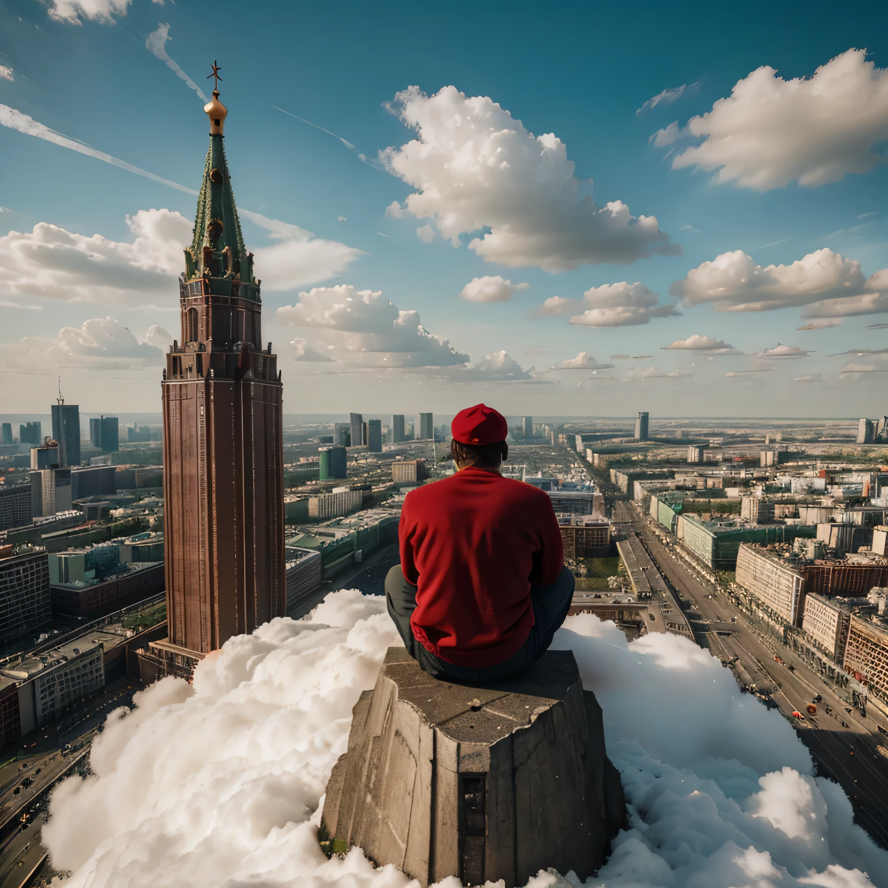 A man in a red hat sits on a cloud and looks down. Below it is the huge city of Moscow.