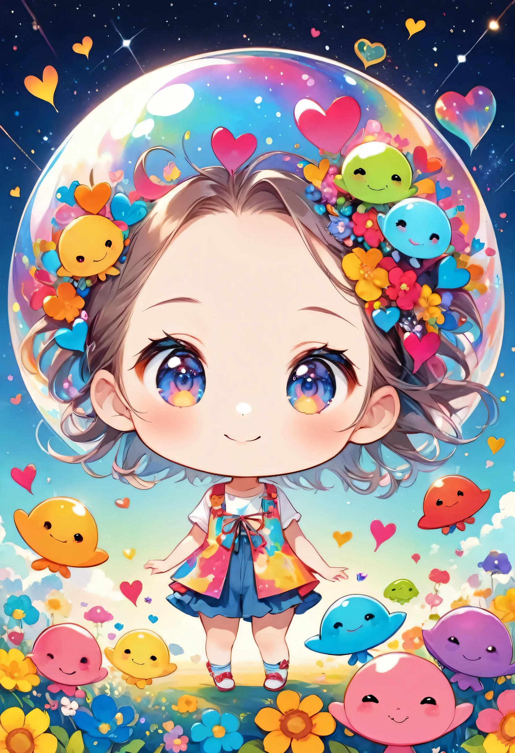 Hayao Miyazaki colorfull style, Simple Line Initialism,Abstract art,(((The most beautiful girl of all time))), (((chibi))), Sweet face. colorful hearts, funny design, (((happy ))), Cute summer clothes, (((Cute Aliens))), The background is space