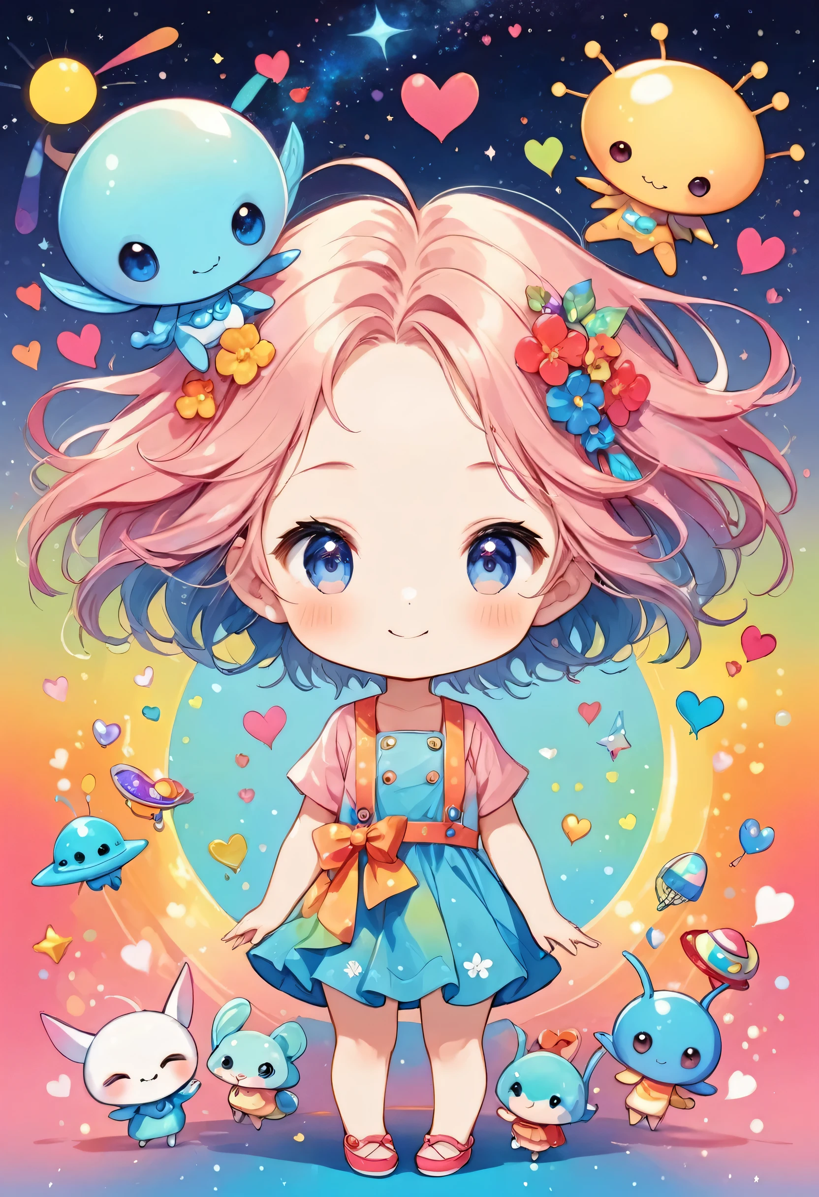 Hayao Miyazaki colorfull style, Simple Line Initialism，Abstract art，(((The most beautiful girl of all time))), (((chibi))), Sweet face. colorful hearts, funny design, (((happy ))), Cute summer clothes, (((Cute Aliens))), The background is space