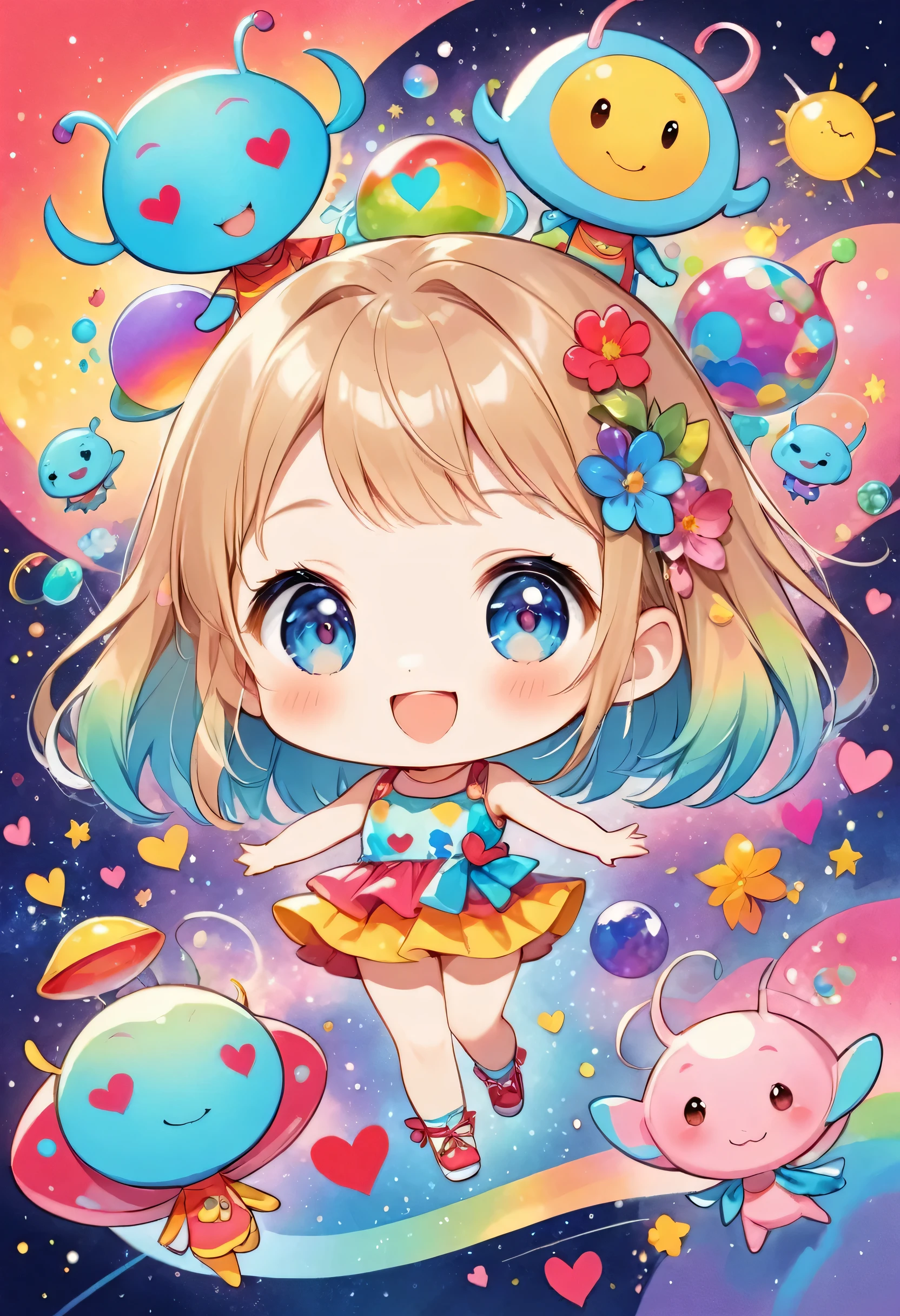 Hayao Miyazaki colorfull style, Simple Line Initialism,Abstract art,(((The most beautiful girl of all time))), (((chibi))), Sweet face. colorful hearts, funny design, (((happy ))), Cute summer clothes, (((Cute Aliens))), The background is space