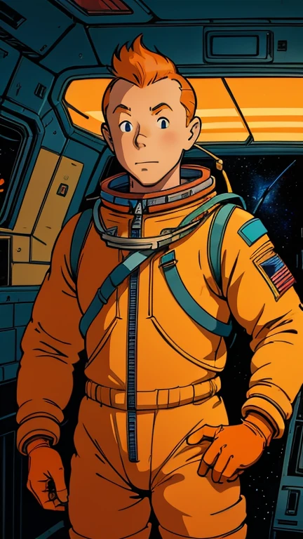 (Teens:1man: Tintin), (extremely detailed CG unit 8k wallpaper),(master part), (best quality), (ultra detali), (best illustration),(stud10gh1bl1_style), cowboy shot, (Sharp eyeliner, ombre, detailed eyes:1),Dark midnight derelict spaceship interiors background, ,break , (astronaut in an orange space suit), upper body, short hair, orange hair