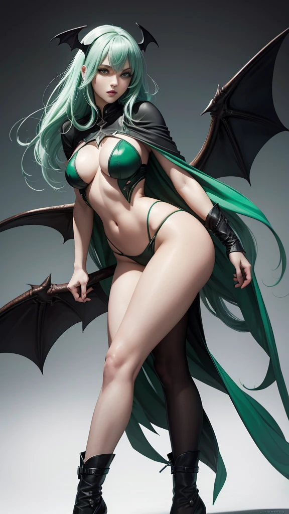 best qualityer, work of art, ultra-high resolution, White background, realisitic, photo by full body, Morrigan drawing from Capcon, bat wings, Brunetette, Long light green hair, greeneyes, vignette filter.
