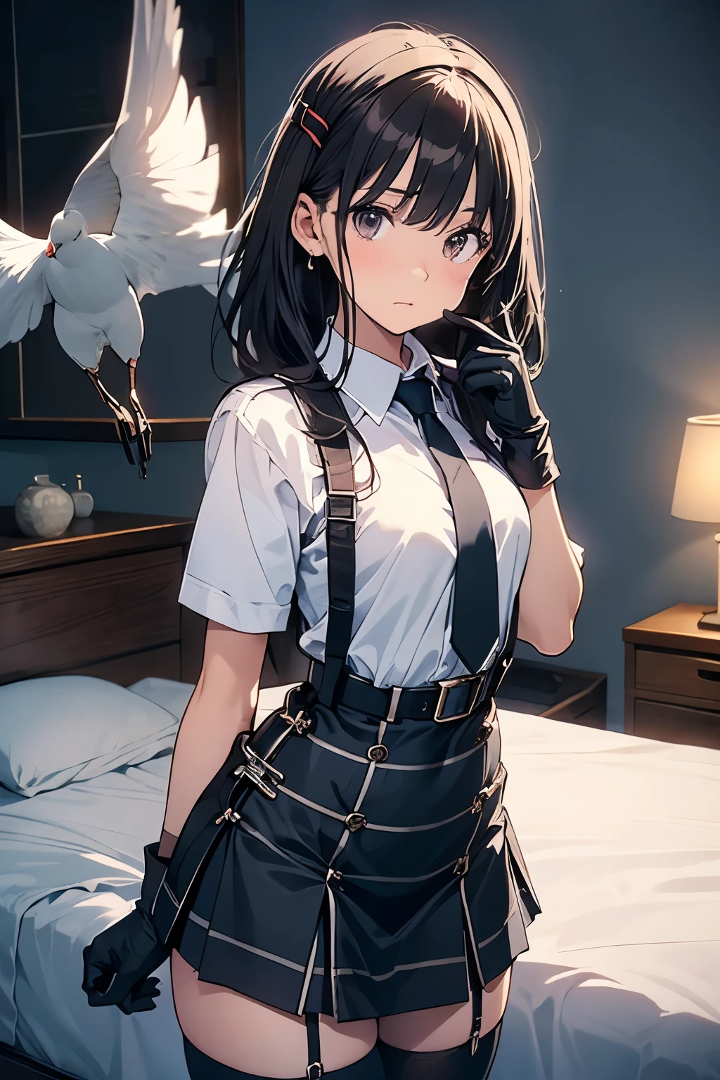 1 female, , high quality, masterpiece, Ultra-high resolution, , Cinema Lighting, , , And the suspenders with the cranes flying Moderate breasts Large Breasts Small face holster Lying in bed Looking up Sweat belt summer 脇Sweat Black Hole Gloves suit garterbelt Leg Links ズボンにbelt holster Hands behind your back Anxious expression Looking up Anxious face Knee-high Knee socks Knee-highソックス garterbelt garter ふとももにgarterbelt Checkered mini skirt Necktie Headband ribbon Panty shot Skirt gaps