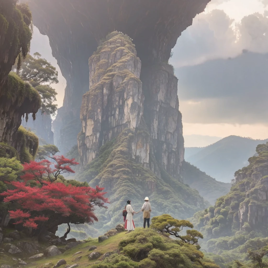 Ancient Japanese scene: Beautiful maiden Kushinada Hime stands between crying elderly couple. Looming behind, massive Yamata no Orochi serpent with eight heads and tails stretches across mountains and valleys. Susanoo faces the monster, hand on sword. Landscape: forests, mountains, dark storm clouds. Style: Japanese mythological art, blend of ukiyo-e and fantasy.