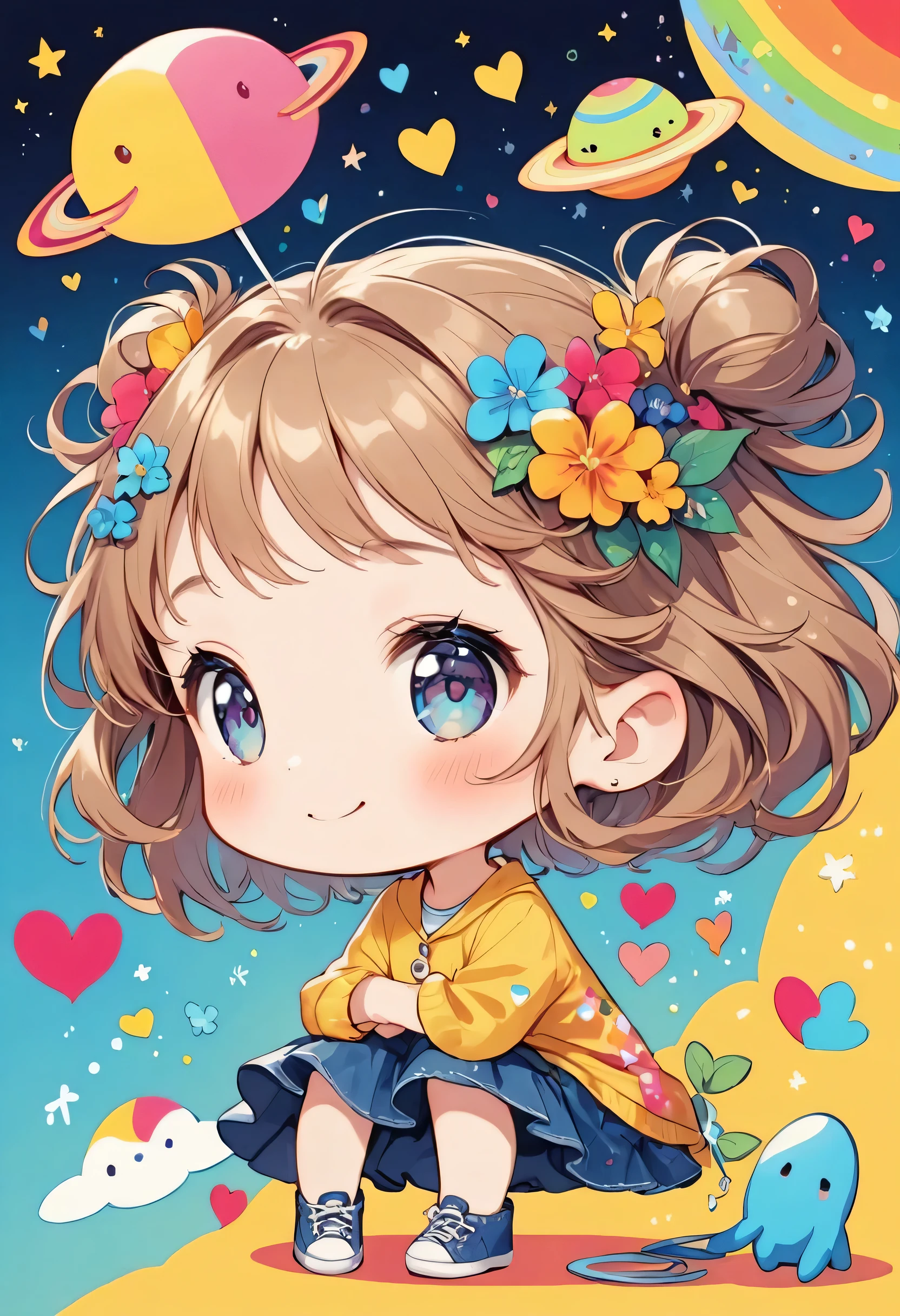Keith Haring colorfull style, Simple Line Initialism,Abstract art,(((The most beautiful girl of all time))), (((chibi))), Sweet face. colorful hearts, funny design, (((happy ))), Cute summer clothes, (((Cute Aliens))), The background is space