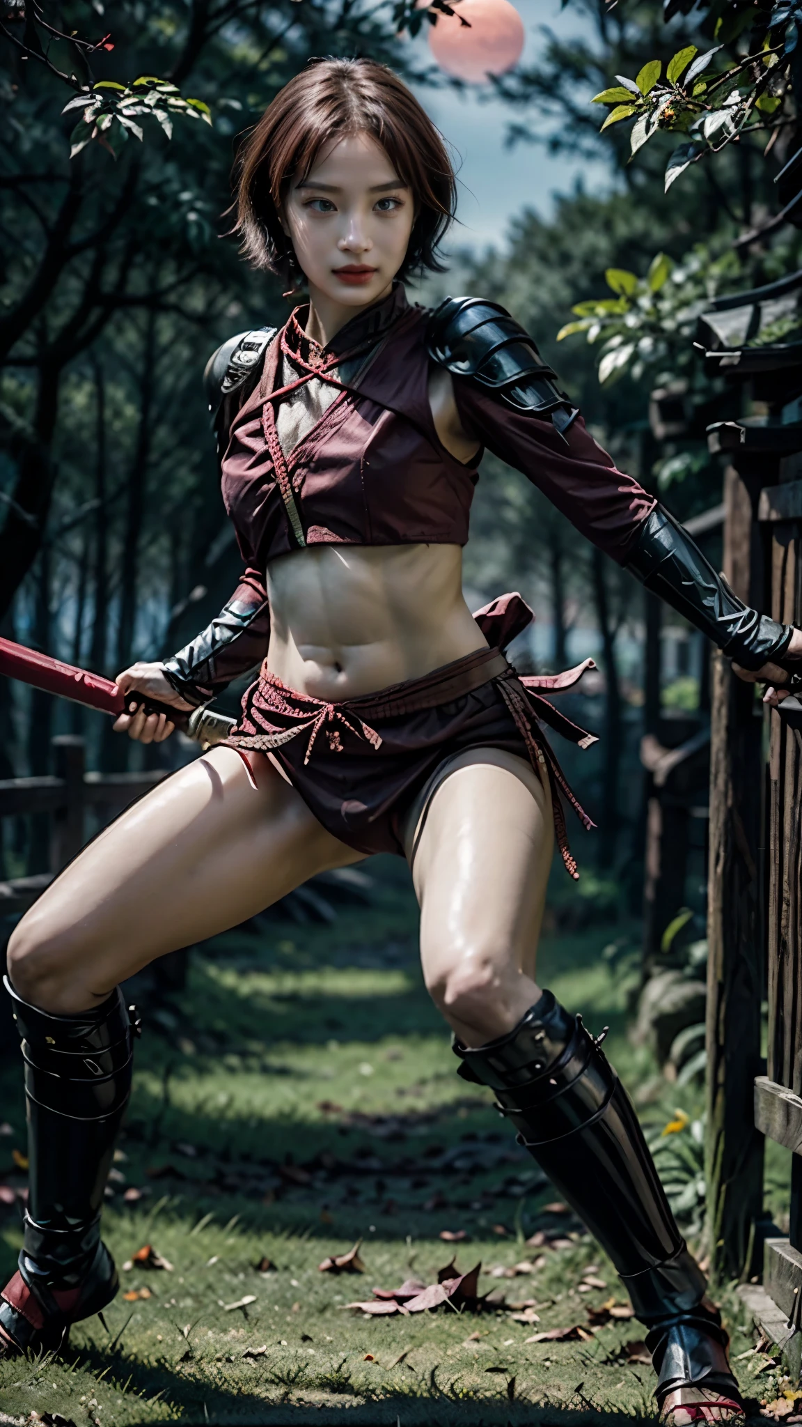 Moisturized skin, (red eyes), realistic body, (adult female body), heartless,
BREAK,
bright red lipstick, (beautiful navel),
BREAK,
(short bob: 1.2), (pink hair),
BREAK,
((masterpiece + highest quality + high resolution + highly detailed)), (full body: 1.2), symmetrical, one shot,
BREAK,
(leaves fluttering), (wind blowing), (battle stance: 1.4),
BREAK,
(large Japanese sword), ninja outfit, night, full moon, assassination, sexy, sword-wielding ninja sneaks through the trees of Zurung,