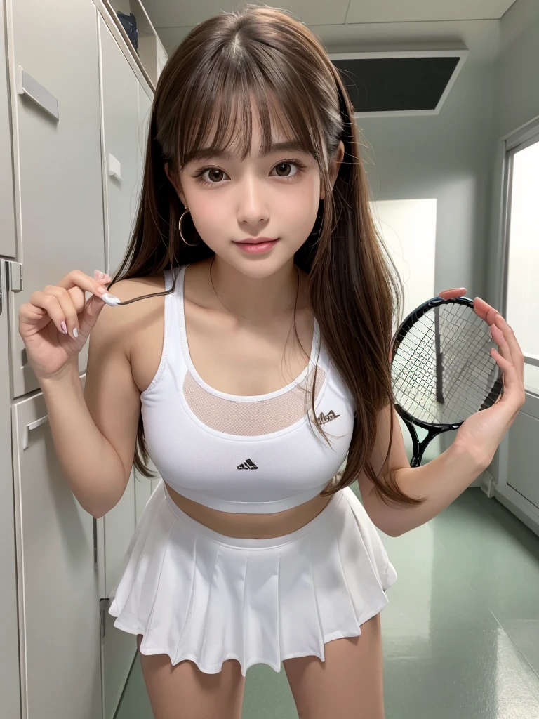 White tennis wear, (solid, tennis racket,Hold the grip of the racket), Tennis ball, Tennis court, Sweaty smell, locker room, (Highest quality) , ((Very detailed)) , 4K , (8k) , masterpiece, Very detailedな, Highest quality, Super Resolution, sexy, 18-year-old girl, (Height: 152cm), 1 person, Very beautiful face, Cute type, Big Natural Color Lip, Big and pretty eyes, Brown eyes, Obvious double, Small and cute nose, Soft long hair, bangs, Brown Hair, Beautiful hands, finger is five, positive, Crying a little, White pleated micro mini skirt, (It&#39;s too short and you can see my crotch)No underwear, Soft Light, RAW quality, Soft Skin, (Glowing Skin, Sweaty: 1.4) , Beautiful legs, Voluptuous thighs, Plump body, Huge breasts, (Expresses the roundness and softness of the chest area........1), Beautiful body, (A perfect feminine figure), Accurate joint movement, (Provocative dynamic pose), Skirt flip, Browsing Caution, (beautiful pussy line:1.2)